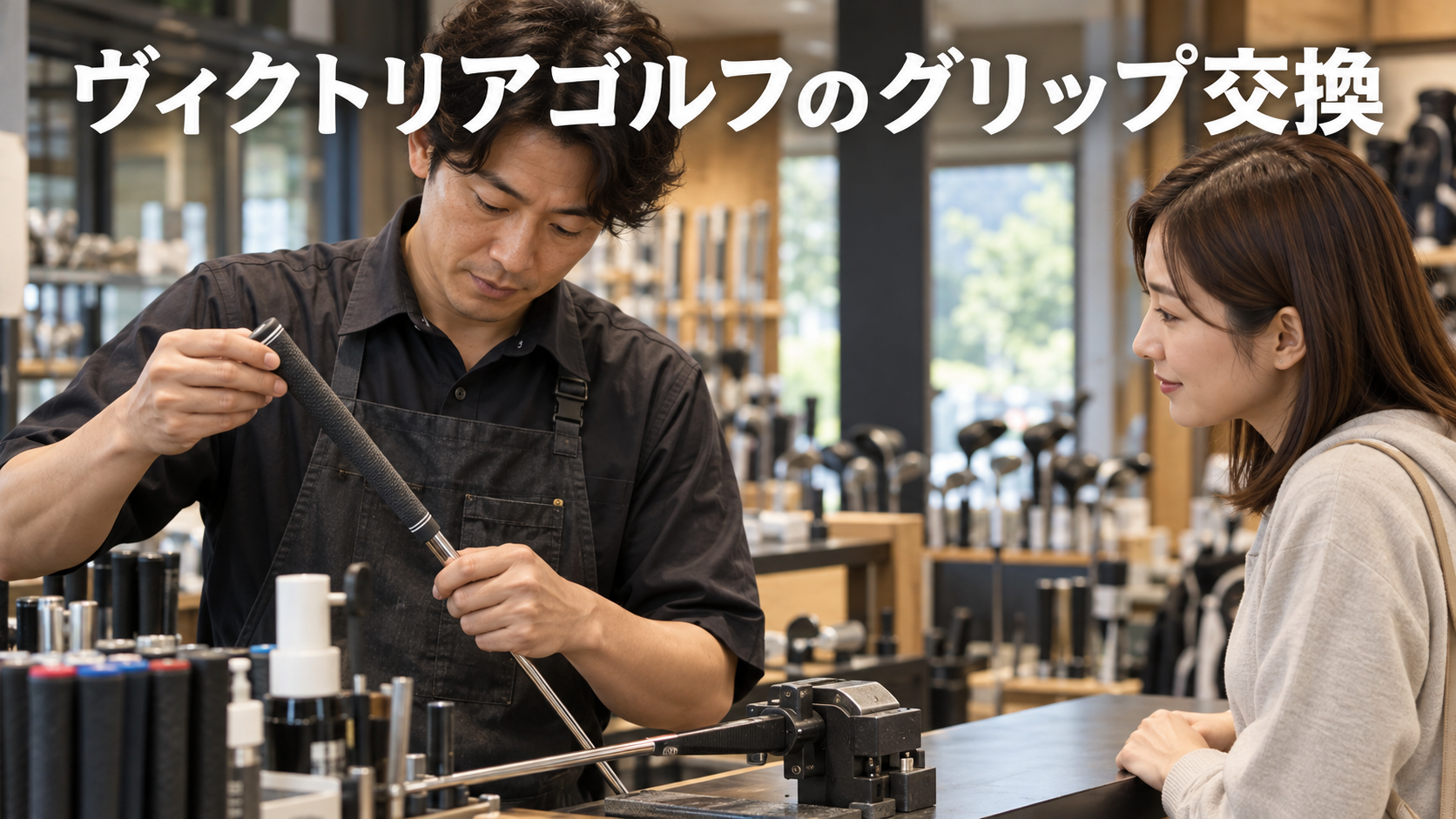 ヴィクトリアゴルフのグリップ交換！工賃・時間と持ち込み前の確認点の結論を示す実写風イメージ